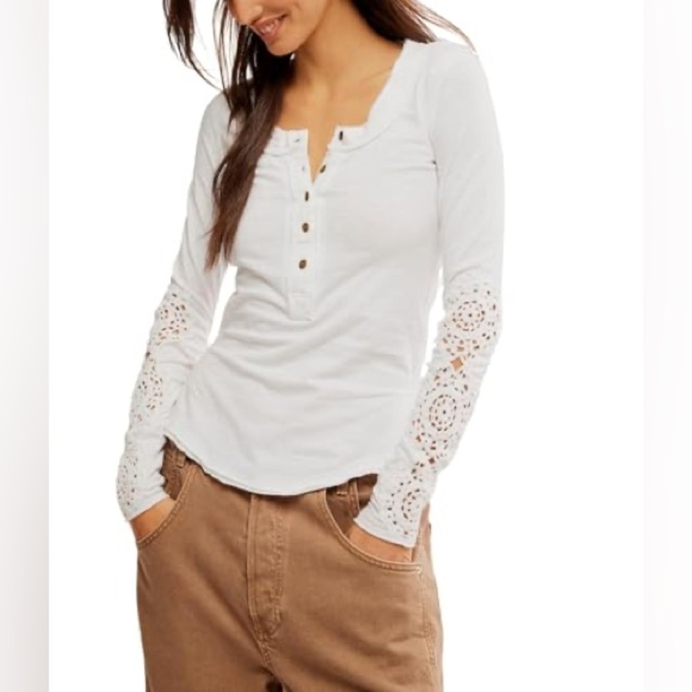 We The Free White Crochet Sleeve Henley Top Size XS